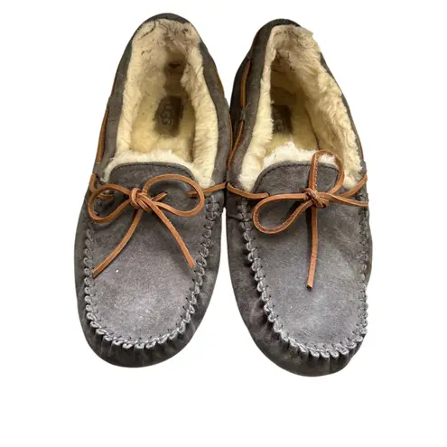 UGG Gray Suede Leather Moccasin Slippers Fur Lined Women's Shoes