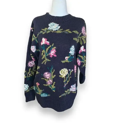Vintage 90s Crewneck Sweater Navy Light Pink Blue Knit Dark Floral Pearl Detail