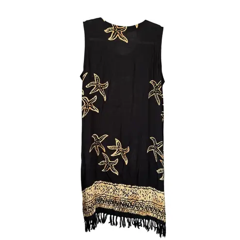 T5 1990s Vintage Hi Lites Batik Summer Starfish Print Fringe Tassel Dress M Black Size M