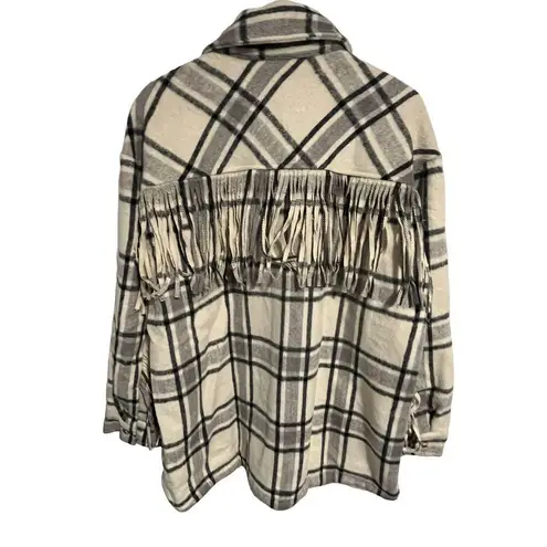 The Post Shacket Womens Large Plaid Fringed Flannel Jacket Western Full Button Gray