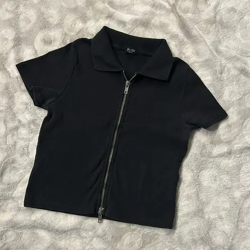 Brandy Melville John Galt Zip Up Cropped Polo Shirt Black Size Small