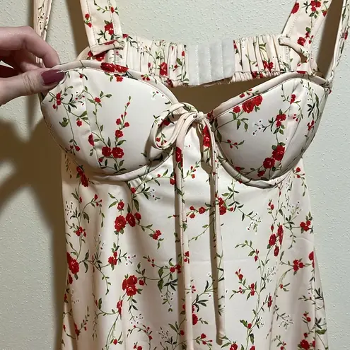 NEW Rumored Loverboy Mini Dress Satin Cream Red Rose Vine Floral Size Small