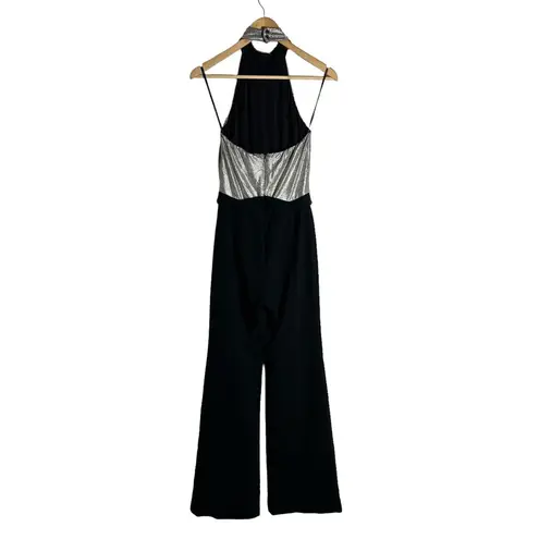 Black Halo Genesis Black Silver Wide Leg Halter Cocktail Jumpsuit Size 2