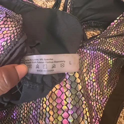 Iridescent Snake Print One Piece Swimsuit Plunge High Cut L Black Size L