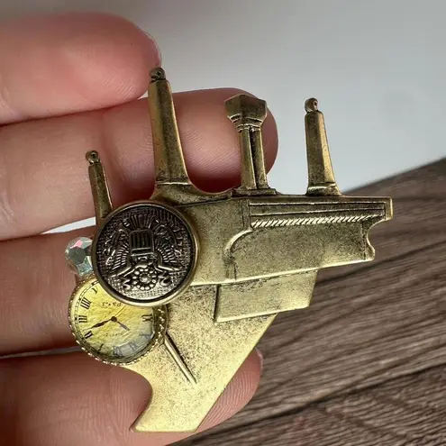 Piano & Saxophone Musical Instruments Lot Of 2 Brooch Pin Rhinestone / Gold Tone