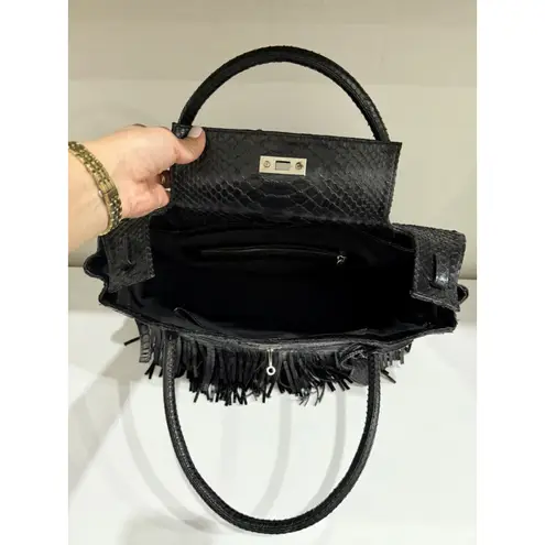 Studio LX Fringe Birkin Snake Black Leather Textured Satchel Handbag