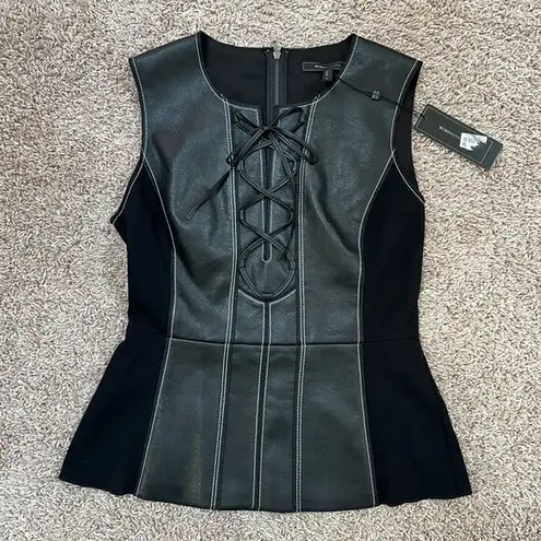 BCBGMAXAZRIA  Kya Faux Leather Lace Up Corset Peplum Tank Top