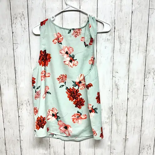 14th & Union Tank Top Women Sz L Teal Blue Floral Round Neck Straight Hem Summer