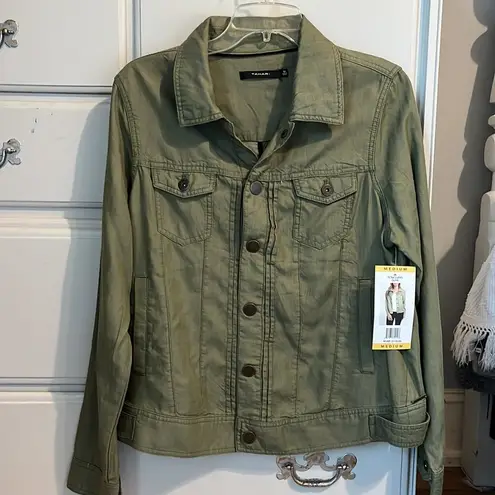 Tahari  Denim Look Jacket Snaps Olive Green New Medium Lightweight