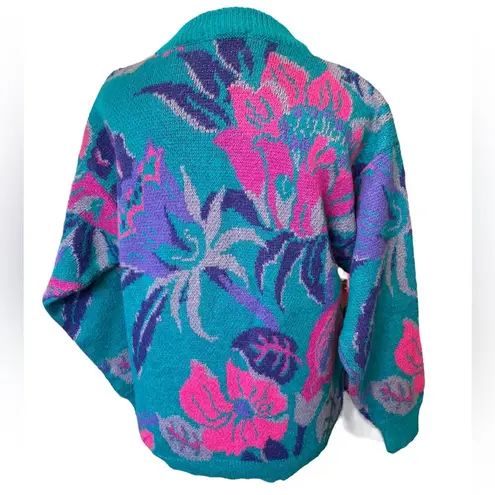 Moda Le Vintage 90s Bright Teal Pink Tropical Coastal Boho Floral Leafy Sweater