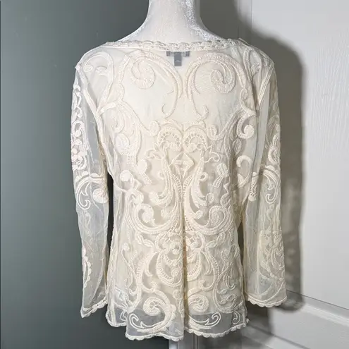 EXPRESS  Sheer Lace Mesh Blouse Ivory Long Sleeve Size Large