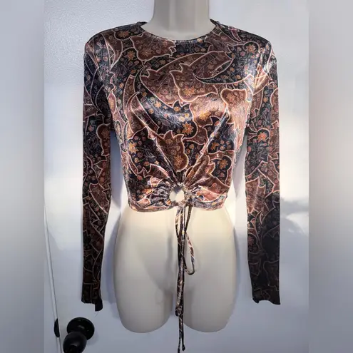 Elodie Anthropologie Crop Top Blouse Sz M Paisley Velvet Smocked Long Sleeve