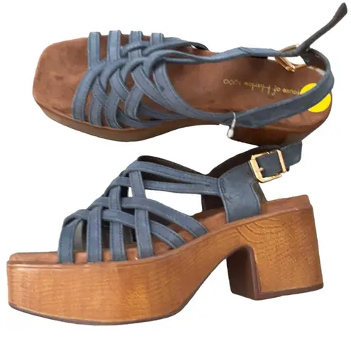 New! House Of Harlow 1960 Georgia Platform Wedge Sandal In Denim Blue Leather Size 9
