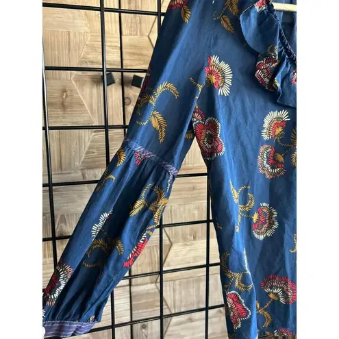 Madewell  x Warm Womens Top XS Blue Floral Ruffle V Neck Long Sleeve boho