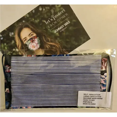 Johnny Was Navy Cotton Sateen Floral Face Mask Interior Pocket for Filter NIP - Image 3