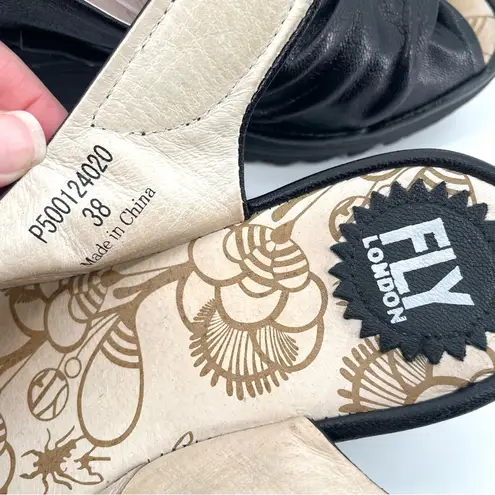 Fly London Yakin Black Leather Comfort Wedge Slingback Sandal