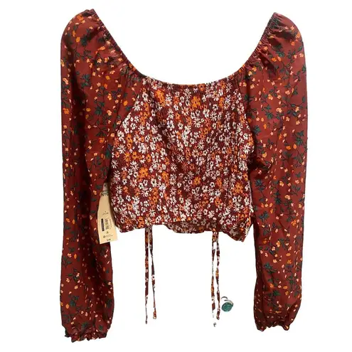 Madden NYC Floral Crop Top Long Chiffon Type Sleeves Ruched Smocked Tie Size L Orange