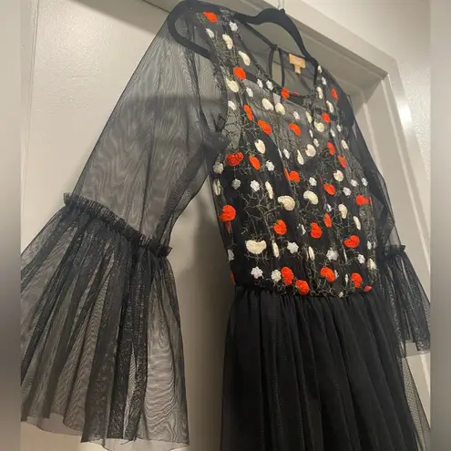 Takara Black Mesh Overlay Red Floral Embroidered Knee-Length Short Tulle Dress