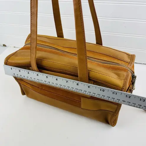 HOBO Tan Velvet Hide Suede Leather Patchwork Double Handles Satchel Shoulder Bag Brown