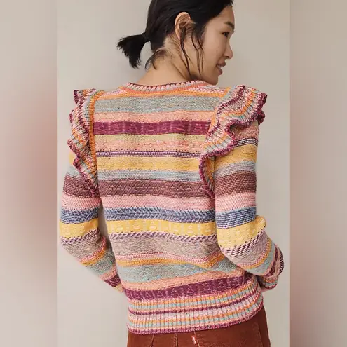 Pilcro x Anthropologie Ruffled Multicolor Rainbow Stripe Pullover Sweater Sz XS