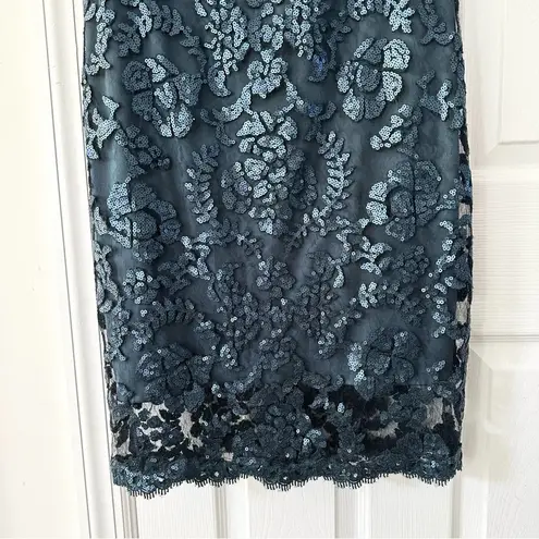 Tadashi Shoji Teal Sequin Illusion Sheath Knee Length Pailette Cocktail Dress 8