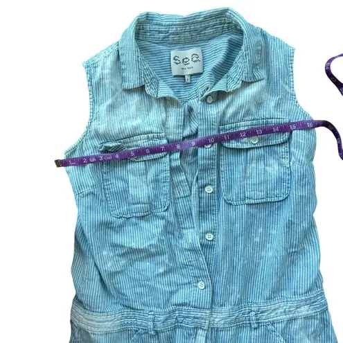 Sea New York Striped Blue Denim Jumpsuit Distressed Size 0 Sleeveless