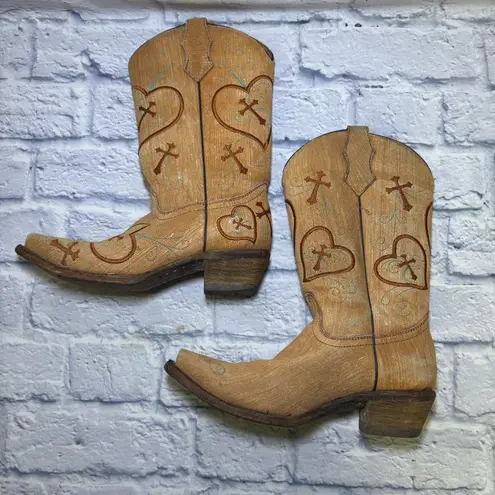 Corral Teens Western Boots Cowgirl Shoes Womens Size 4 Tan Leather Hearts
