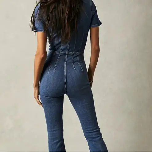 We The Free  Jade Flare Denim Jean Jumpsuit Size Large Boho Chic