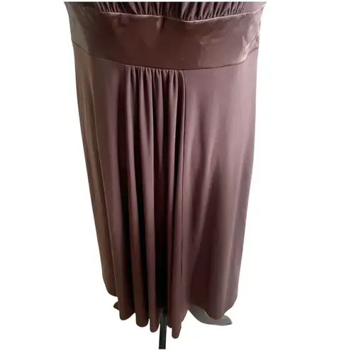 Jones Wear Jersey Dress Size 16 Brown Midi Satin Empire Waist Deep V Neck Draped