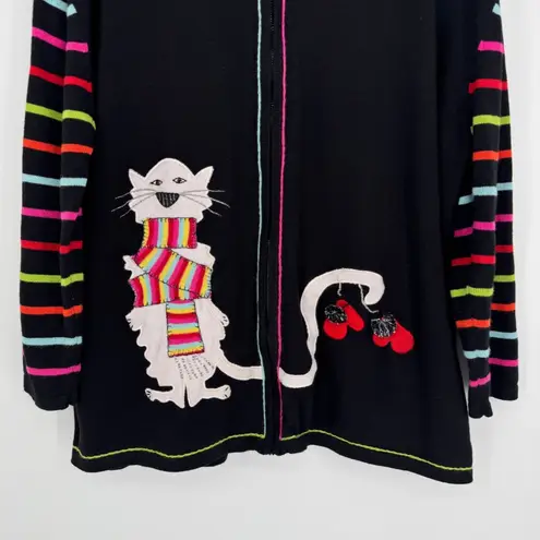 Terazzo Cat Sweater Cardigan 2X Black Striped Knit Zip Front Whimsical Quirky