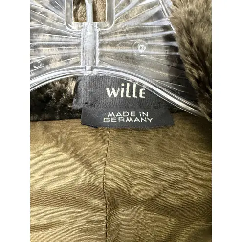 Wille Germany Metallic Olive Cocoon Coat Faux Fur Collar Oversized 16 XL Green