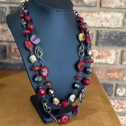 Ruby Rd Maroon Fuchsia & gold tone beaded & abalone double strand necklace Red - Image 3