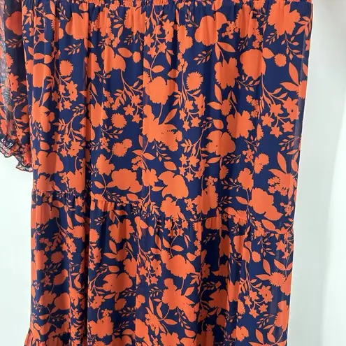 Julia Jordan  Smocked Floral Tiered Maxi Dress Orange Blue Sheer Sleeves Size 12