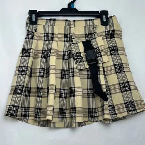 Like an angel Y2KGrunge Pleated Plaid Mini Skirt with Buckle Detail Cream Black Tartan Pattern