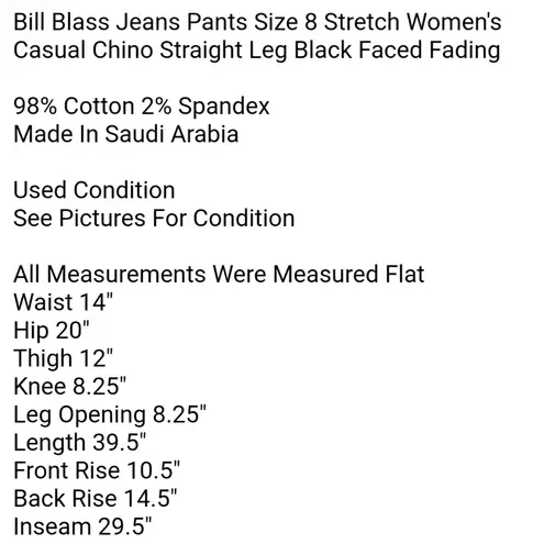 Bill Blass  Jeans Pants Size 8 Stretch Women's Casual Chino Straight Leg Black Faced Fading 