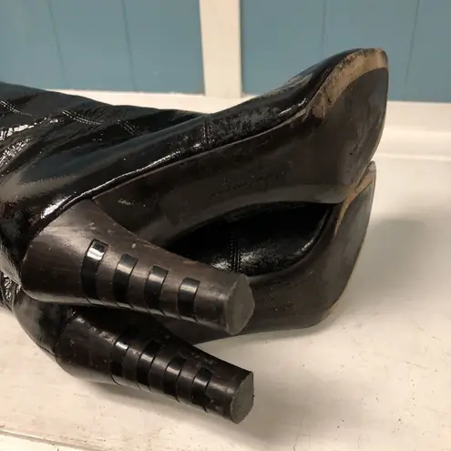 Salvatore Ferragamo Women Sz 7.5 Black Patent Leather Tall Knee High Heel Boot