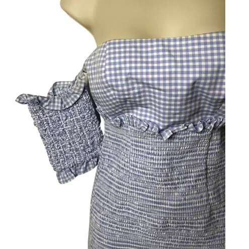 PETERSYN Winona Mini Dress In Azure gingham off shoulder puff sleeves XS Blue