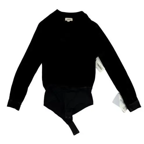 L'Agence Long Sleeve Faux Wrap Neckline Velvet Bodysuit Black Size S