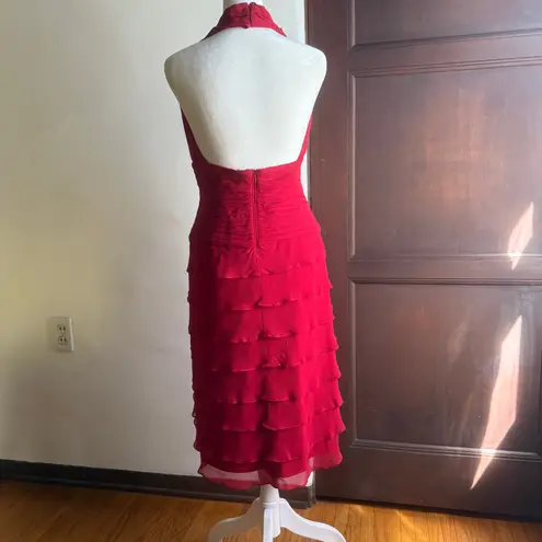 Tadashi Shoji Red Silk Chiffon Ruffle Skirt Halter Sheath Cocktail Dress Medium