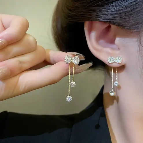 CZ Cubic Zirconia Bow Dangle Drop Earrings for Women Gold