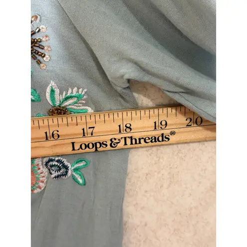 Akemi + Kin Akemi + Kin Green Blue Floral Embroidered Long Sleeve Faux Wrap Top Blouse