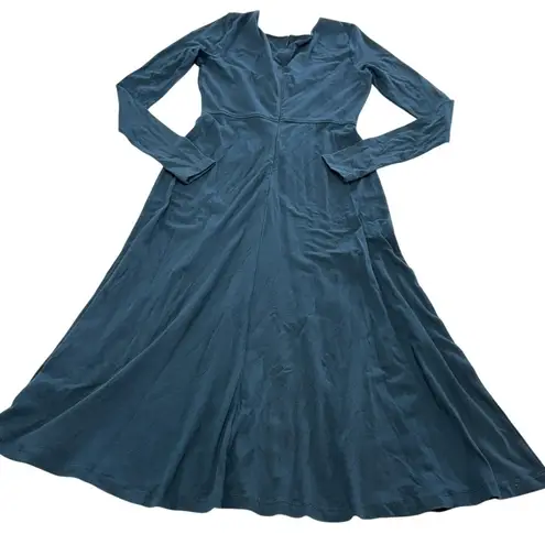 Eshakti Dress Womens 2 Blue Long Sleeve Midi Ruched Bodice Flare Cotton Spandex