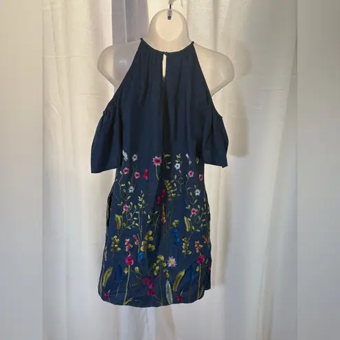 London Times Chambray Dress Embroidered Flowers Floral Off the Shoulder 493