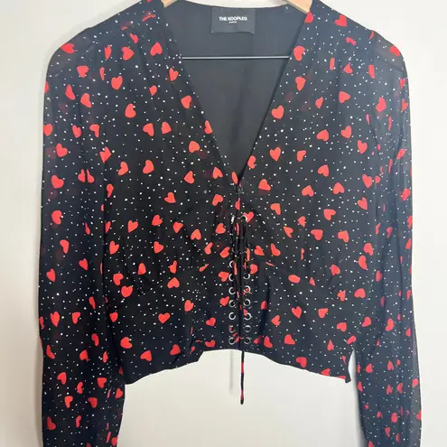 The Kooples So In Love Printed Lace-Up Peplum Top Heart Womens Size 2 Small