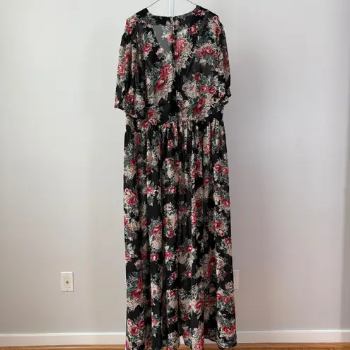 Unique Vintage Black Floral Maxi Dress Flutter Sleeve sz 3X Cottage Witchy