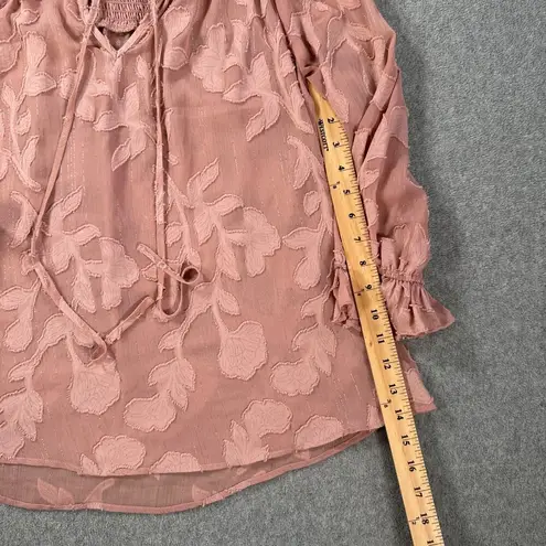 Moon River By the River Rose Pink Gold Metallic Ruffle Floral Blouse Sheer Size Small VNeck