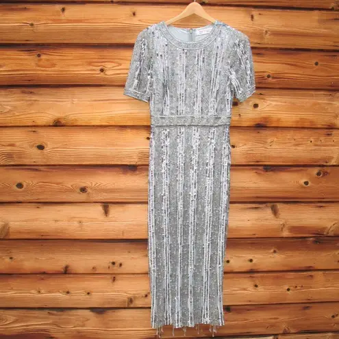 Mac Duggal 5980 Blue High Neck Short Sleeve Crystal Fringe Column Dress