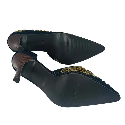 Anne Michelle FUEL57 Embroidered Denim Gold Beaded Heels Womens 6 Vtg Glam Pumps