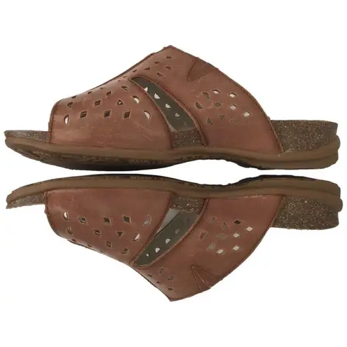 Propet Fionna Leather Cork Laser Cut Slides Sandal Womens Brown 7