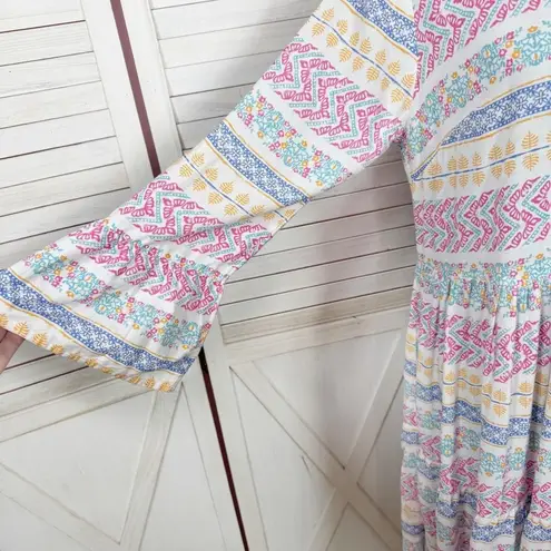 Destination 365 Floral V Neck Tiered Bell Sleeve Tunic Shift Dress White Multi Size M